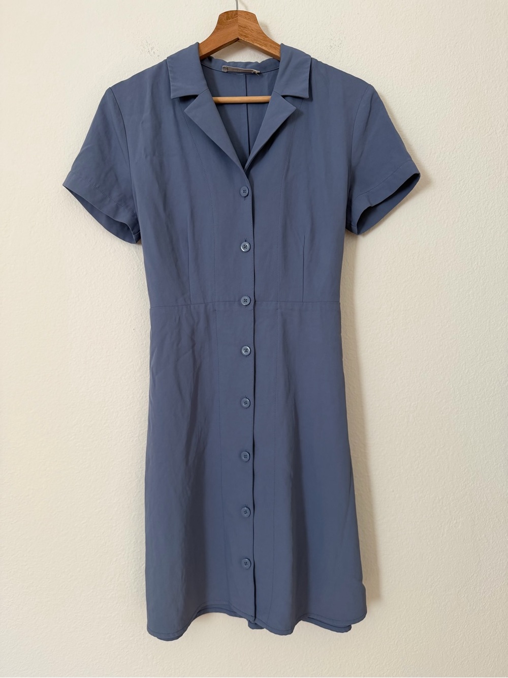 Everlane Japanese GoWeave Notch Button Front Tie Waist Shirt Dress Size 4 Blue